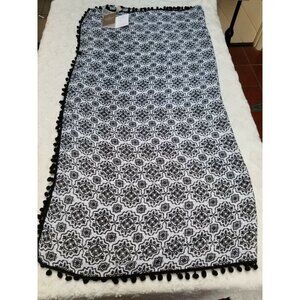 New Chico's Pom Pom Medallion Bicolor Scarf Trim Scarves Square Black White OS